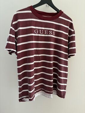 GUESS Burgundy and White Striped Logo Tee